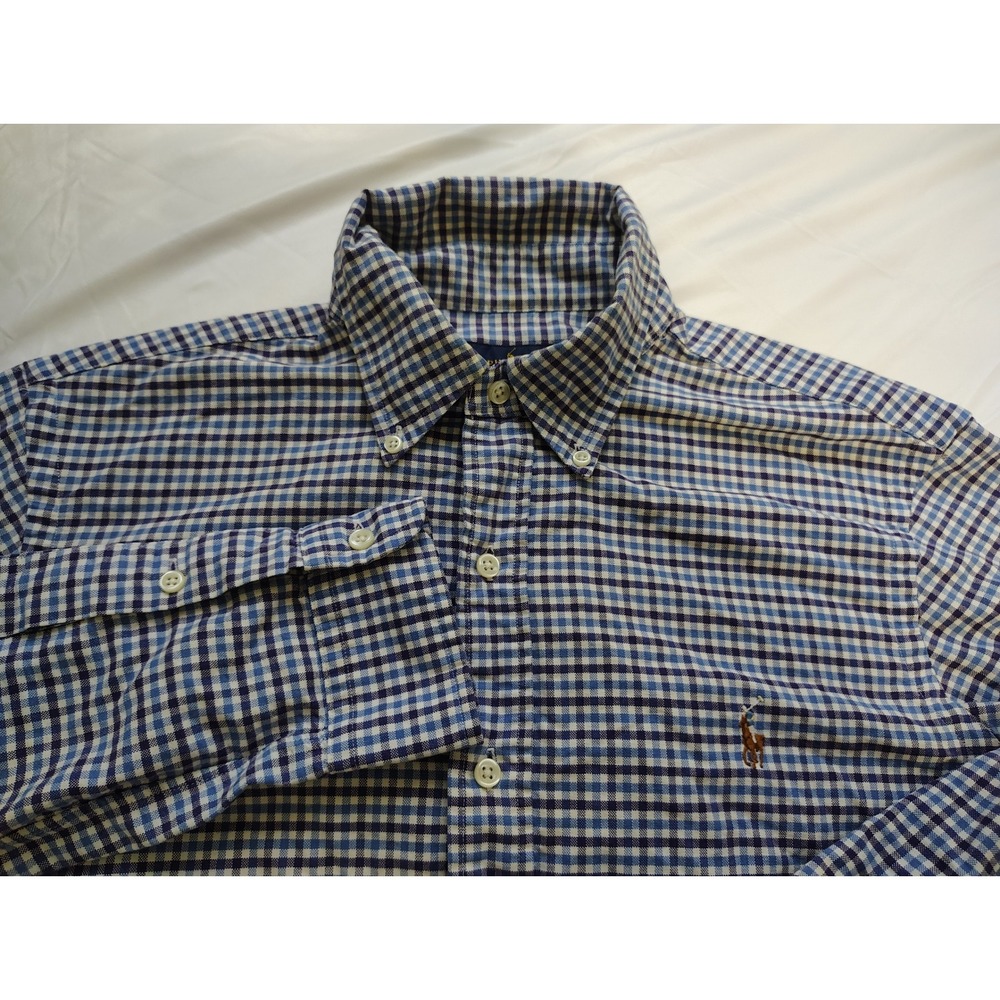 Ralph Lauren Mens Blue White Gingham Check Cotton Button Down Pony Shirt Size M
